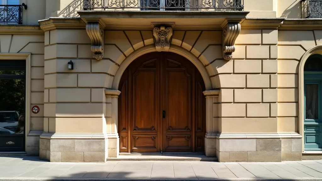 Façade d'immeuble ancien avec porte en bois sculptée et balcon en fer forgé, illustrant un bien immobilier concerné par l'article 669 CGI