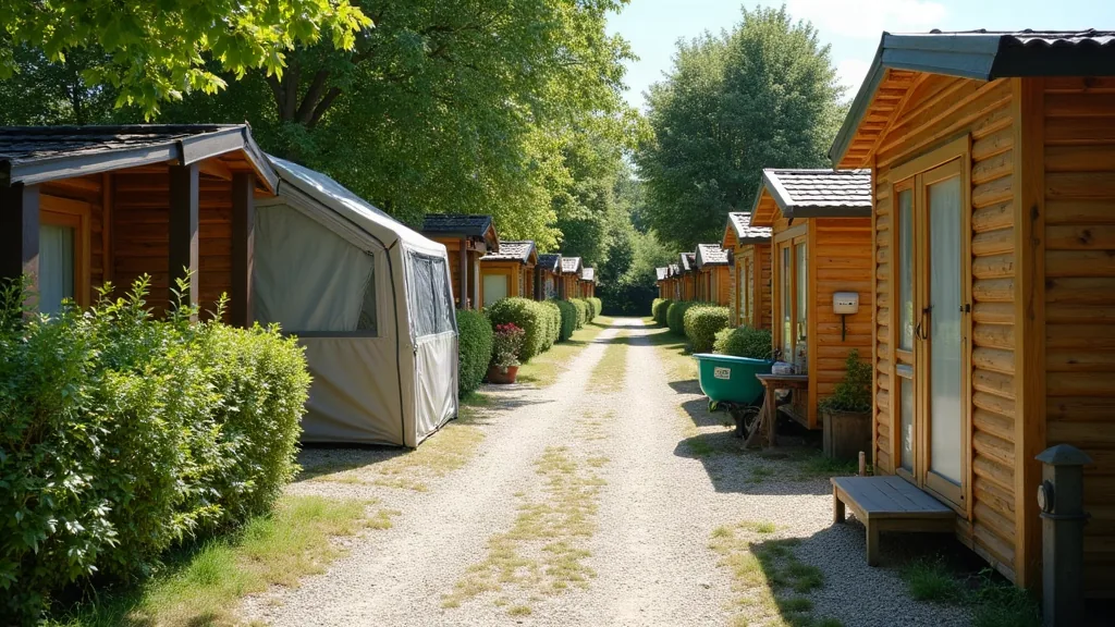 Combien de temps peut-on vivre sur un terrain de loisir sans risquer une expulsion ? Rue d'un lotissement de loisirs avec abris de jardin et hébergements légers en plein jour