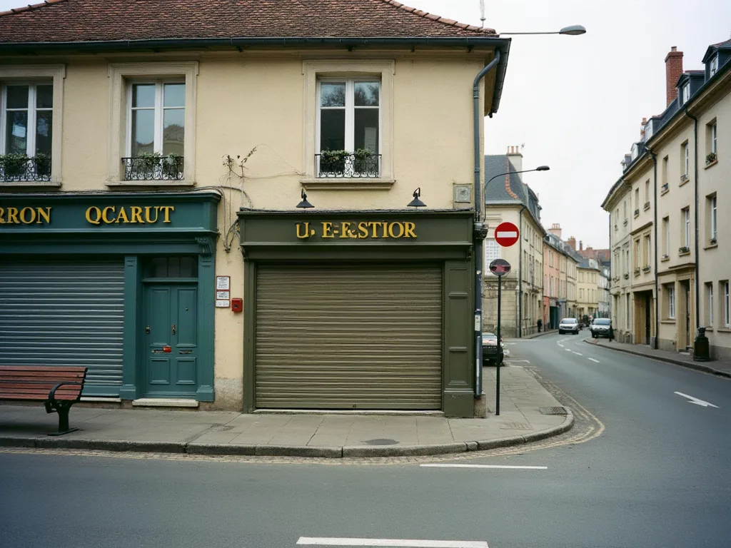 Rue résidentielle avec commerce fermé et boulangerie ouverte en journée