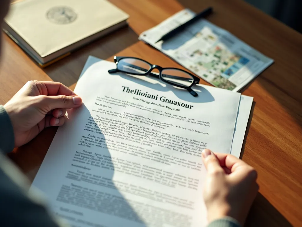 Titre de propriété : à quoi il ressemble et comment l'obtenir Mains tenant un document de titre de propriété ouvert sur une table de travail, stylo et lunettes à proximité