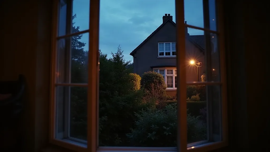 Titre de propriété : à quoi il ressemble et comment l'obtenir Vue depuis un intérieur vers l'extérieur au crépuscule, fenêtre ouverte sur un jardin et façade de maison, lumière chaude intérieure contrastant avec le ciel bleu foncé